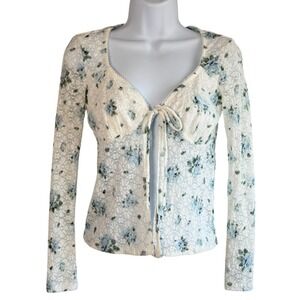 Y2K Babydoll Sheer Tie Front Floral Lace Top Sz XS Coquette Festival Fairy Indie
